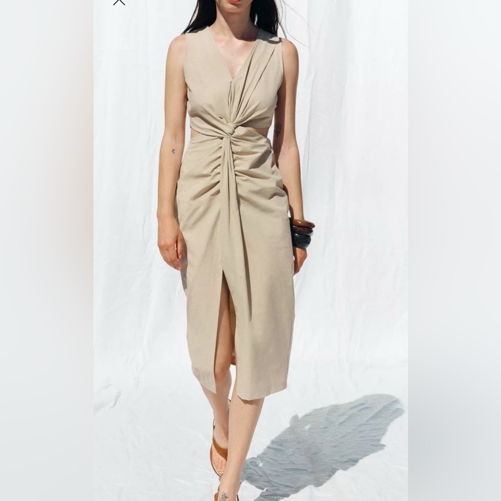 Zara Beige Twist-Front Midi Dress